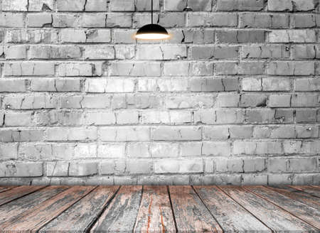 brick concrete room with ceiling lamps
