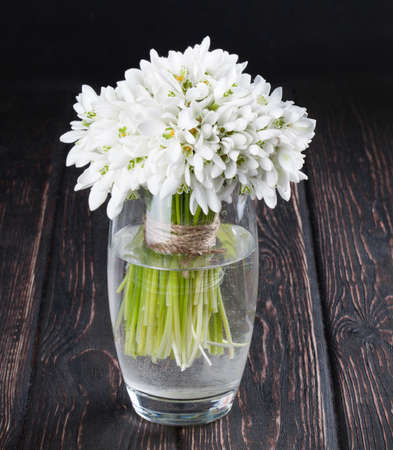 bouquet of snowdrops in vase on wooden boardsの写真素材