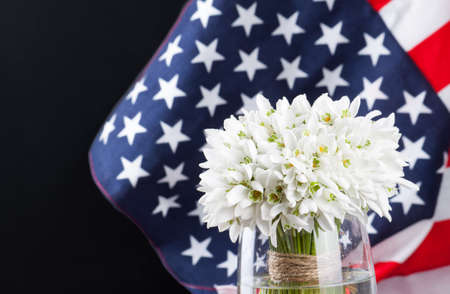 bouquet of snowdrops in vase on american flagの写真素材