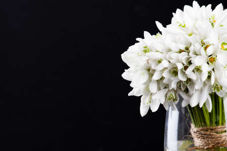 bouquet of snowdrops in vase on wooden boardsの写真素材