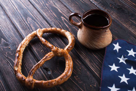 Bavarian pretzels on wooden board.の写真素材