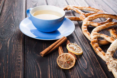 Bavarian pretzels on wooden board.の写真素材