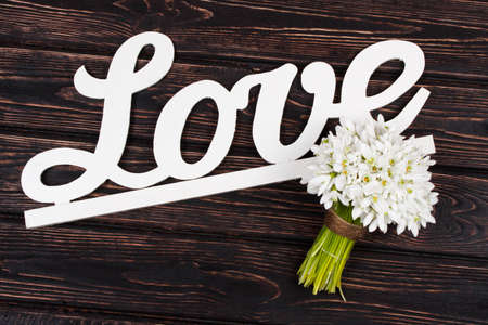 Inscription love and snowdrop on wood backgroundの写真素材