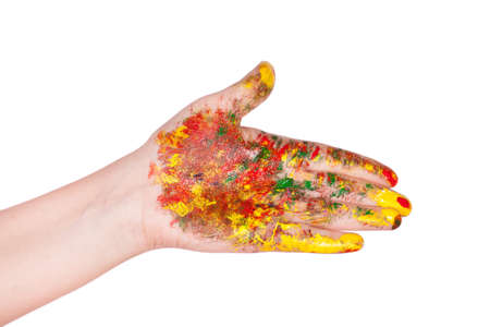 Woman hands painted with watercolors, on white backgroundの写真素材