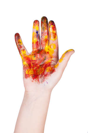 Woman hands painted with watercolors, on white backgroundの写真素材
