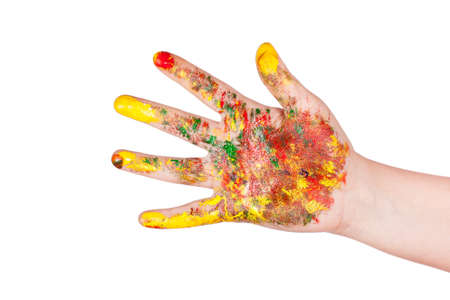 Woman hands painted with watercolors, on white background