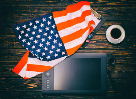 Graphic tablet and accessories. Top view. Retro photoの写真素材