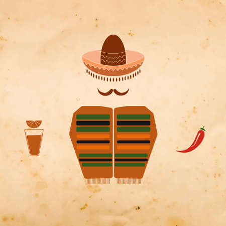 Mexican man in sombrero with tequila and chili pepper on old background - vector illustrationのイラスト素材