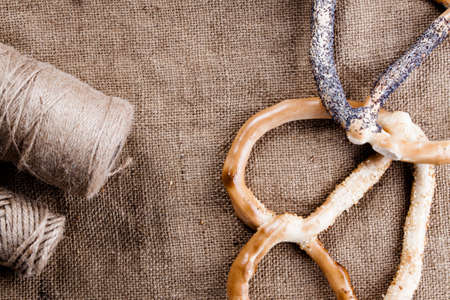 Fresh pretzel on the sacking. Fresh bakery.の写真素材