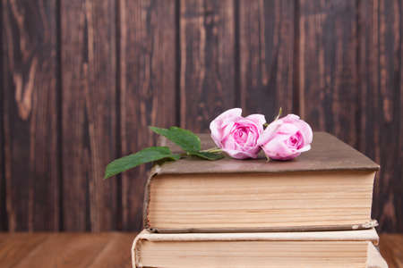 Old books on wood desk.の写真素材