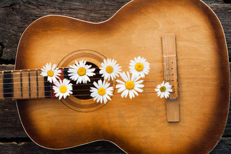 Guitar on the river dock. Nature landscapeの写真素材