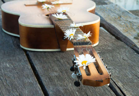 Guitar on the river dock. Nature landscapeの写真素材
