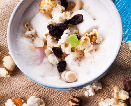 coffee with popcorn on blue boards