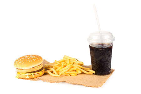 Hamburger, french fries and cola on white backgroundの写真素材