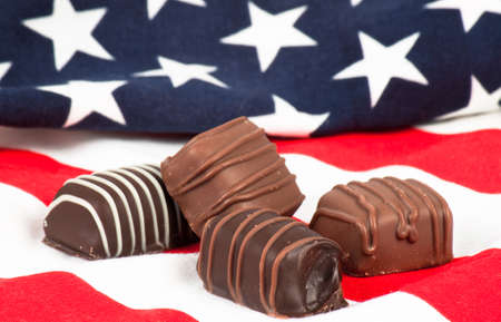Chocolate candy on American flag.の写真素材