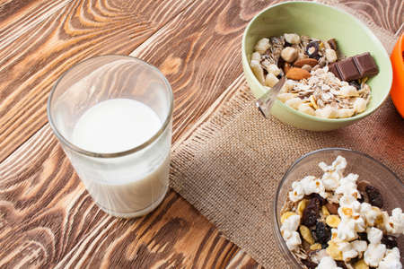 Quick breakfast. Flakes in a bowl. Dried fruits