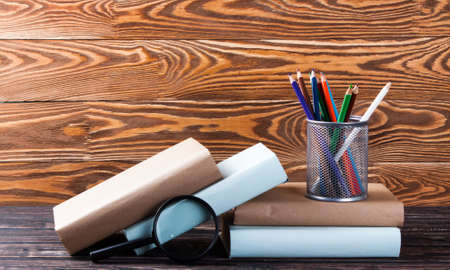 Stationery on wooden table. School conceptの写真素材