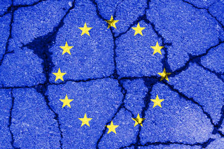 brexit blue european union EU flag on broken wall and half great britain flagの写真素材