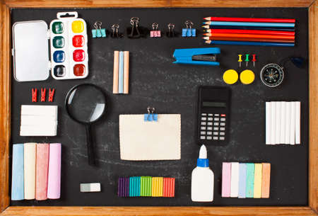 Stationery on a black background with space for text. Education. Back to schoolの写真素材