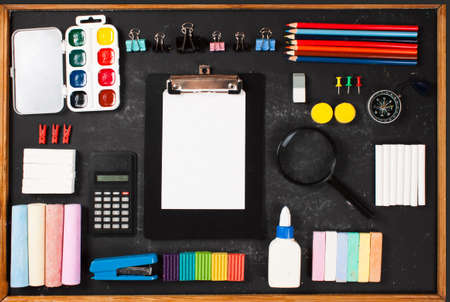 Stationery on a black background with space for text. Education. Back to schoolの写真素材