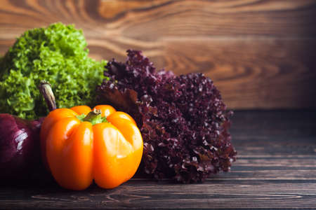 Fresh vegetables on the wood boardsの写真素材