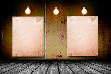 Blank white poster in dark concrete room. 3D illustrationの写真素材