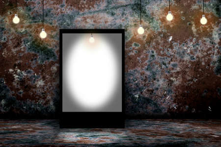 Blank billboard in empty dark room. 3D illustrationの写真素材