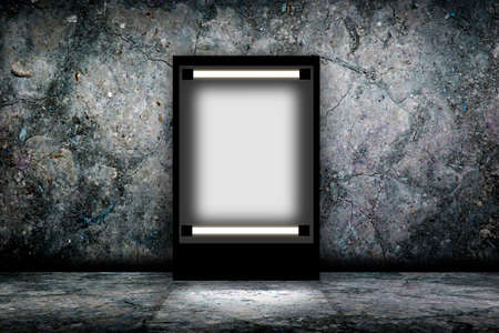 Blank billboard in empty dark room. 3D illustrationの写真素材