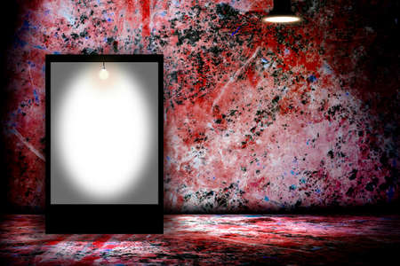 Blank billboard in empty dark room. 3D illustration