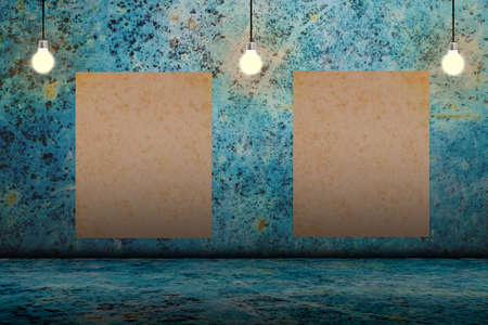 Blank white poster in dark concrete room. 3D illustrationの写真素材