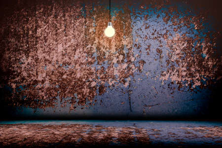 3D illustration. Hanging Light Bulb in the Empty Concrete Room Interior with place for Textの写真素材
