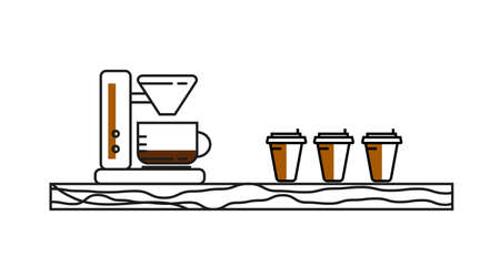 Vector coffee table with coffee machine and disposable cup in line style.のイラスト素材