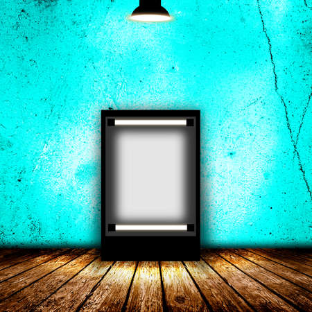 Blank billboard in empty dark room. 3D illustration