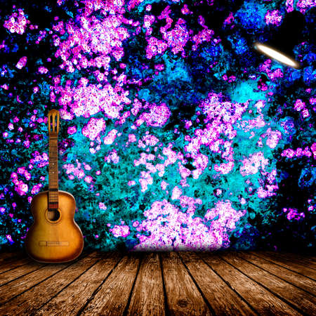 Guitar in the interior of a vintage concert hallの写真素材