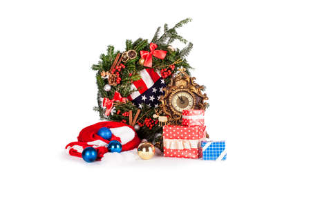 Christmas wreath and christmas decoration isolated on white backgroundの写真素材