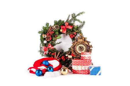 Christmas wreath and christmas decoration isolated on white background