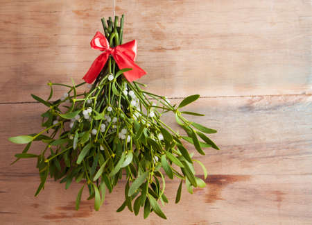 Broom from green mistletoe on wood desk. Nature background. Christmas plantの写真素材
