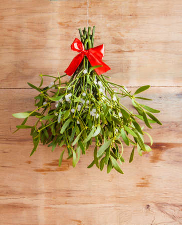 Broom from green mistletoe on wood desk. Nature background. Christmas plantの写真素材