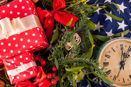 Christmas wreath with mistletoe and american flag. Christmas decoration.の写真素材