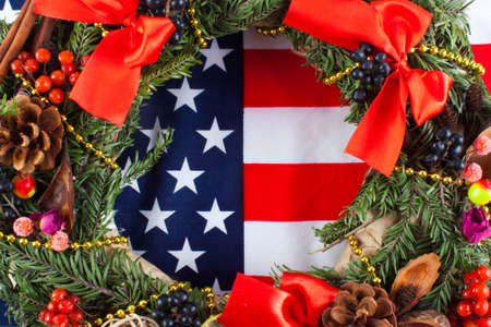 American flag and christmas tree. Greeting cardの写真素材