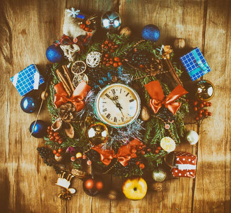 Christmas wreath on wood board. Christmas decoration. Home decorationの写真素材