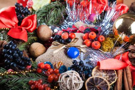 Christmas decoration on wood board. Preparation for the holidayの写真素材