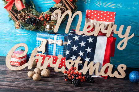 Christmas decoration on wood board. Preparation for the holidayの写真素材