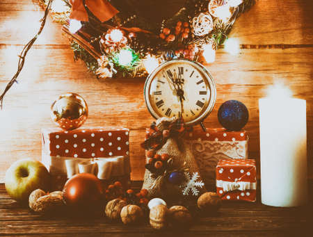 Christmas decoration on wood board. Preparation for the holiday
