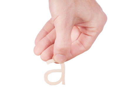 Hand holding wood sign on white background