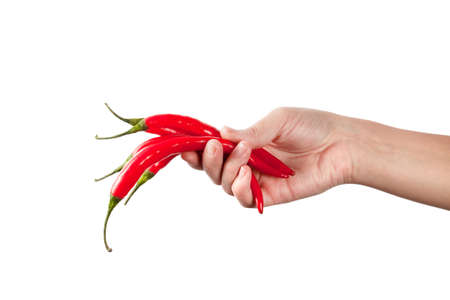 Red fresh chili in hand isolated on white backgroundの写真素材