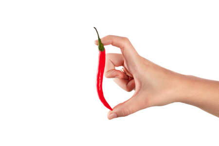 Red fresh chili in hand isolated on white backgroundの写真素材