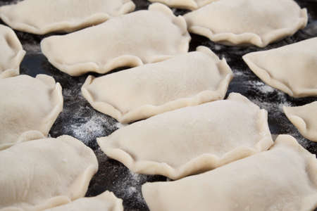 Pile of multiple ravioli close up on white background