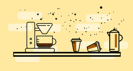 Vector coffee table with coffee machine and disposable cup in line style.のイラスト素材