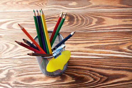Stationery box with pencils and card. Business conceptの写真素材